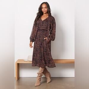 EVEREVE | Eliza Black Paisley Long Sleeve Midi Dress | Size XS